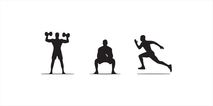 Black vector silhouette set of athletic men performing dumbbell lifts kettlebell squats and sprinting for gym fitness center bodybuilding and sports training branding