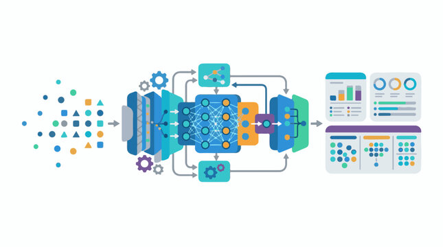 Data flows through layers of a neural network to output insights