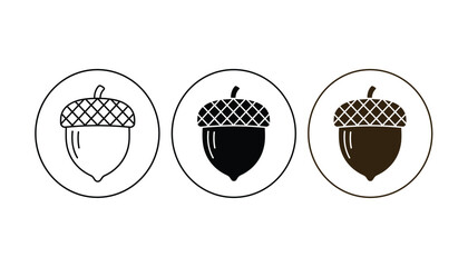 Set of three stylized acorn icons in line art solid black and brown circular frame vector design for autumn seasonal projects and nature themed digital graphics and web interface elements collection © TARU STOCKPLC