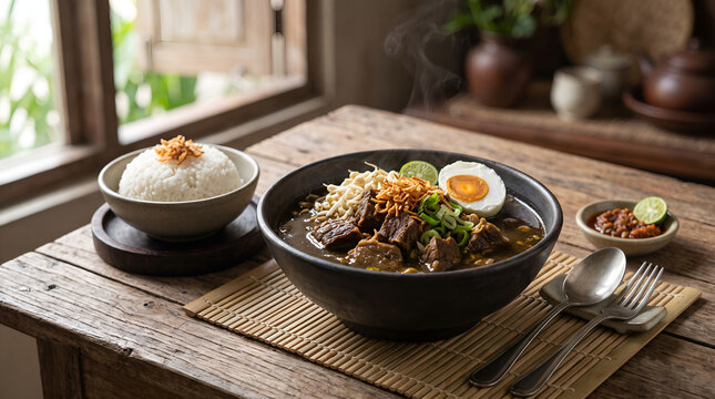 Authentic Indonesian Rawon featuring rich keluak broth and tender beef. Perfect for restaurant menus, culinary editorials, travel guides, and food advertising.