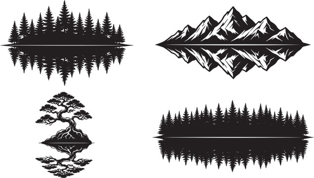 Black and white nature silhouettes with water reflections featuring mountains trees and bonsai vector illustration set