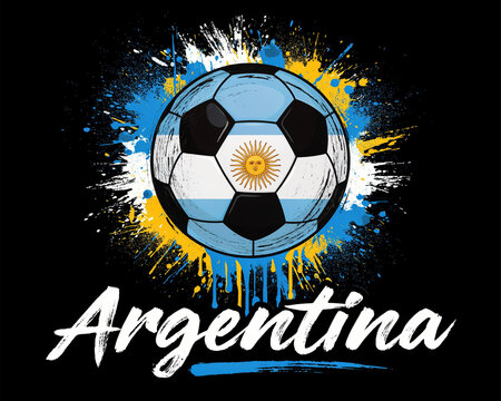 Argentina soccer ball with national flag colors and paint splatter effect on a black background, with white text, sports emblem