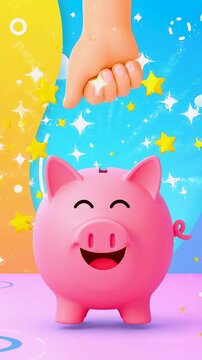 Animaci&oacute;n 2D colorida de una mano introduciendo una moneda en una hucha con forma de cerdito. Ideal para representar ahorro, finanzas, educaci&oacute;n financiera e inversiones.
