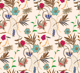 Fototapeta premium Floral Pattern Background with Teal and Magenta Flowers.a floral pattern with colorful flowers and leaves