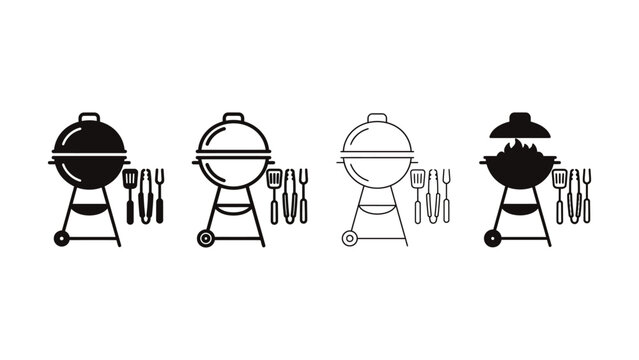 Four barbecue grills with utensils on white transparent background