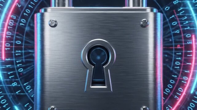 Cyber defense technology concept featuring digital padlock surrounded by glowing data streams and binary code, symbolizing advanced security, protection, and cyber defense with cutting edge digital