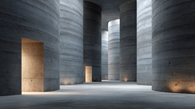 Minimalist brutalist architecture featuring massive concrete columns and doorways in a sunlit interior