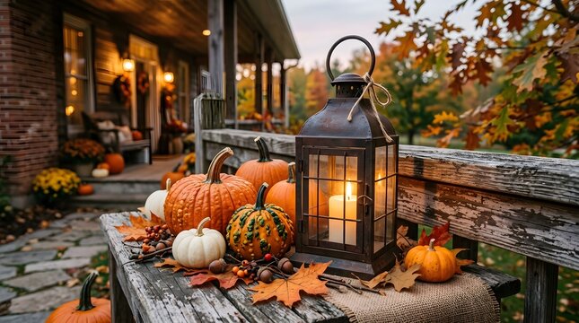 Decorative pumpkins and glowing lantern on a rustic wooden porch in autumn