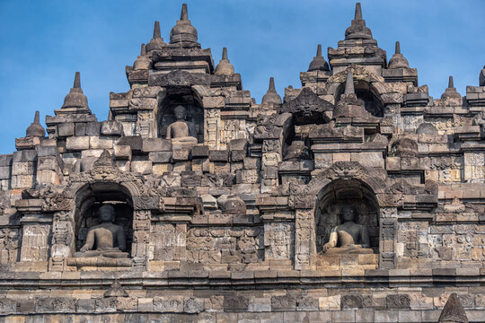 Borobudur or Barabudur, a Mahayana Buddhist temple in Magelang Regency, Java, Indonesia