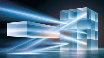 Obraz premium Futuristic abstract digital artwork with glass cubes and dynamic light beams suggesting motion and technology