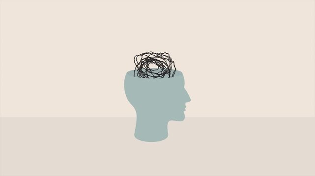 The green silhouette of a human head with a twisted line inside it. which characterize bad thoughts, ideas. Then a red heart appears and the lines explode into many pieces. Loop animation.