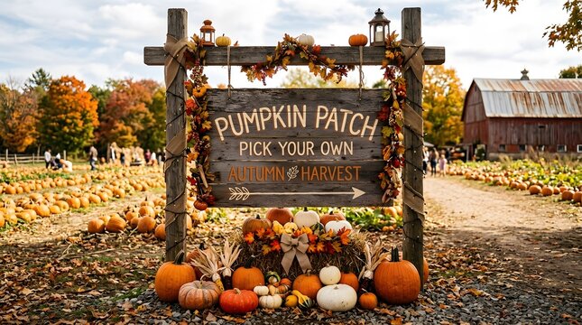 Wooden sign at a pumpkin patch in a rural farm setting during autumn season