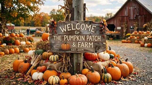 Welcome sign at a rustic pumpkin patch farm with autumn harvest scenery