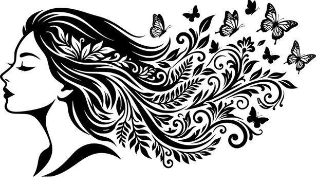Beautiful Woman Portrait Line Art Vector Illustration Featuring Flowing Floral Hair Interwoven with Leaves Ferns Scrolls and Flying Butterflies for Beauty Salon Branding