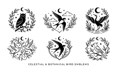 Obraz premium Mystical Celestial and Botanical Bird Emblem Set Featuring Owl Swallow Crane and Moon Crest Ornaments in Vintage Linocut Vector Style