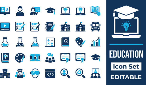 Education Flat Icon Set for Online Learning School and Student Training Web App Design