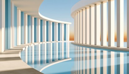 Obraz premium Minimalist modern architecture with colonnade and reflective pool at warm sunset light