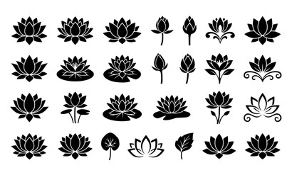 Lotus Flower and Water Lily Solid Glyph Icon Set Featuring Exotic Blooms Buds Lilypads and Spiritual Wellness Botanical Vector Graphic Design Elements © Hosneara