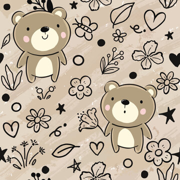 Cute teddy bear and floral flower on brown background seamless pattern