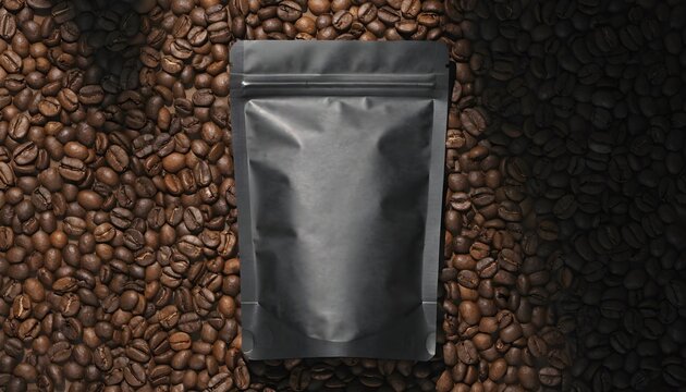 Top-down view of matte black resealable pouch filled with roasted coffee beans on dark background