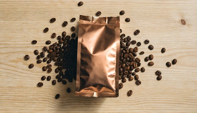 Close up top view of coffee beans spilling from golden foil bag on wooden surface