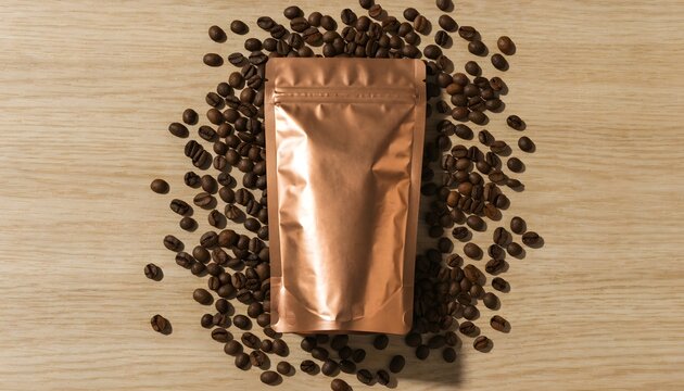 Top view of roasted coffee beans spilling from brown paper bag on wooden surface