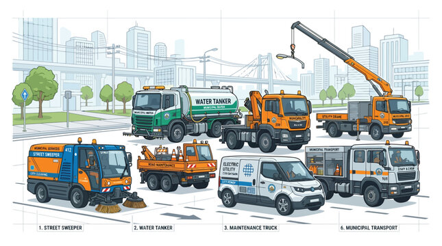 City utility service vehicle collection with street sweeper water tanker municipal maintenance and transport trucks