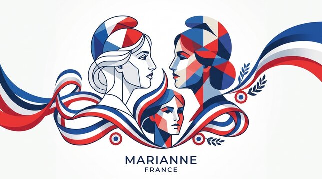 Bastille Day France Marianne Portrait with French Tricolor Ribbon, French National Day Illustration