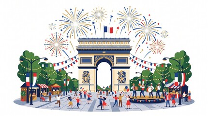 Bastille Day France Arc de Triomphe with Fireworks, July 14 French National Day Celebration, Paris Landmark Illustration