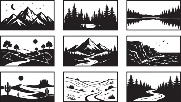 Set of nine black and white landscape illustrations featuring mountains forests deserts and coastal scenery vector graphics