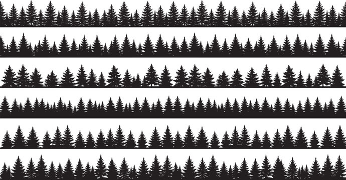 Set of pine forest silhouettes as seamless horizontal borders for nature landscape design in vector format