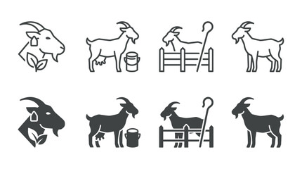 Fototapeta premium Set of goat and farm animal line and solid vector icons with livestock agriculture breeding collection cultivation