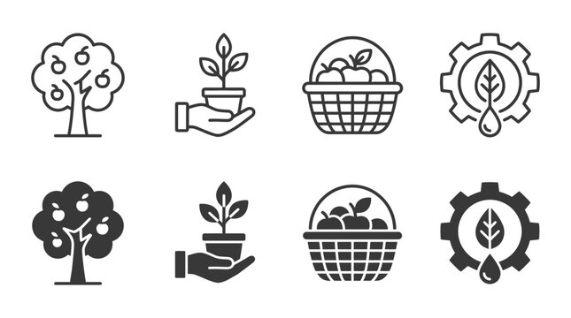 Sustainable agriculture and fruit harvesting icon set including trees and plant care symbols with agriculture, industry