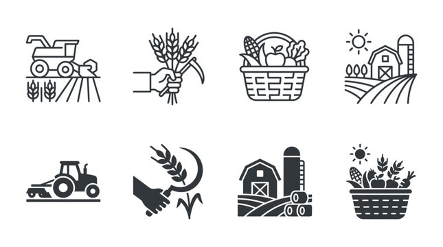 Set of agricultural and farming icons featuring combine harvesters tractors wheat baskets and farm landscapes, industry