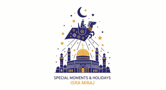 Islamic night journey illustration featuring a mosque flying man on a decorated saddle and celestial elements