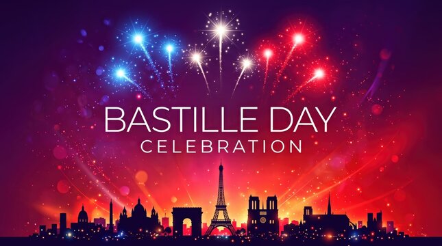 Bastille day celebration featuring a dark silhouette of the paris skyline with the eiffel tower and glowing red white and blue fireworks bursting in a night sky background