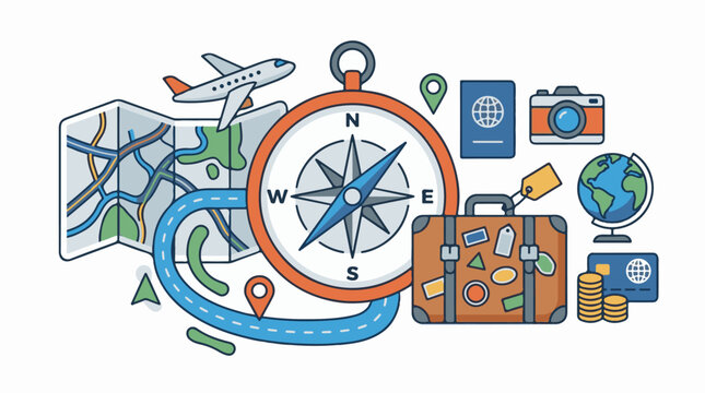 Travel icons including map compass plane passport camera suitcase globe money