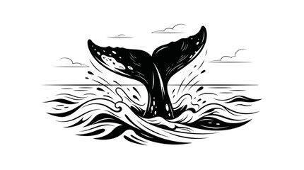 A whale tail jumps out of the ocean with waves and clouds © Wikwik