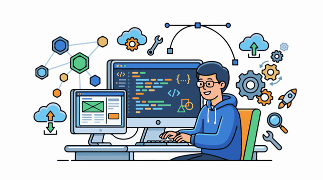 Programmer working on computer with coding cloud gears and rocket icons