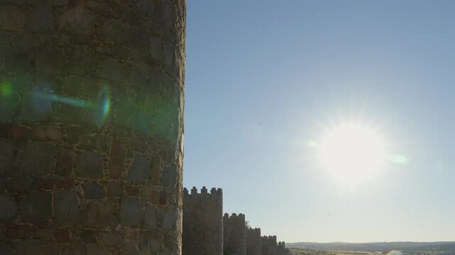 An ancient walled city perimeter stretches across the frame showcasing well preserved medieval battlements.