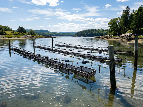 Oyster farm with floating cages in a calm bay under a blue sky with green trees on the shore.