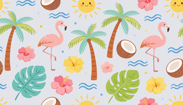 Tropical summer vacation background with flamingos palm trees flowers and coconuts pattern design