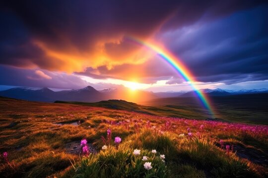 Nature background rainbow landscape grassland.