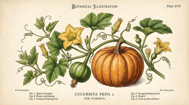 Botanical Illustration of a Pumpkin Vine with Leaves and Flowers in Vintage Style