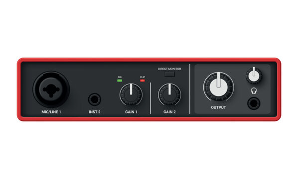 USB audio interface for recording microphones and instruments with clear control layout and ports for connections