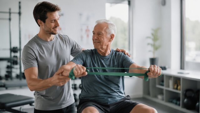 A young physical therapist helps an older man perform arm exercises with a resistance band to improve mobility, focusing on pain and relief