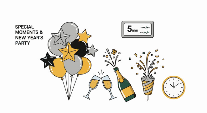 Celebration for special moments and New Year's party with balloons champagne party popper and clock