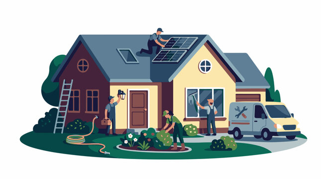Workers installing solar panels gardening and cleaning