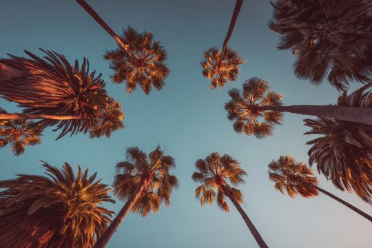 Looking up at tall palm trees under a bright blue sky with tropical vacation sunshine paradise perspective california environment landscape seasonal relaxing reaching peaceful aesthetic