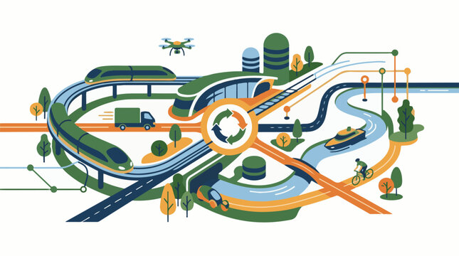 A stylized illustration of a futuristic transportation network with roads trains and waterways